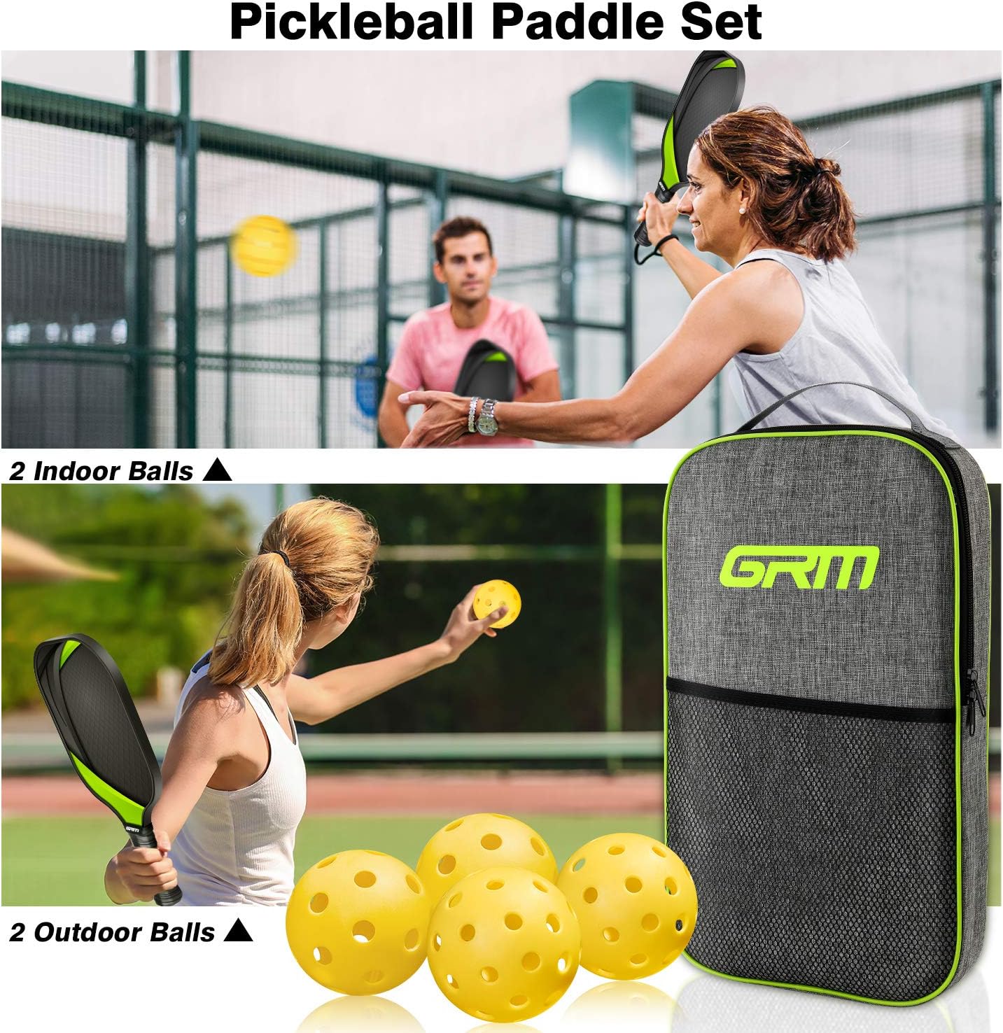 GRM Pickleball Paddles Set of 2 Graphite Pickleball Set Lightweight Pickleball Racket, Carbon Fiber Surface, Polypropylene Honeycomb Core, 2 Pickleball Paddles and 4 Balls Including Portable Carry Bag : Sports & Outdoors