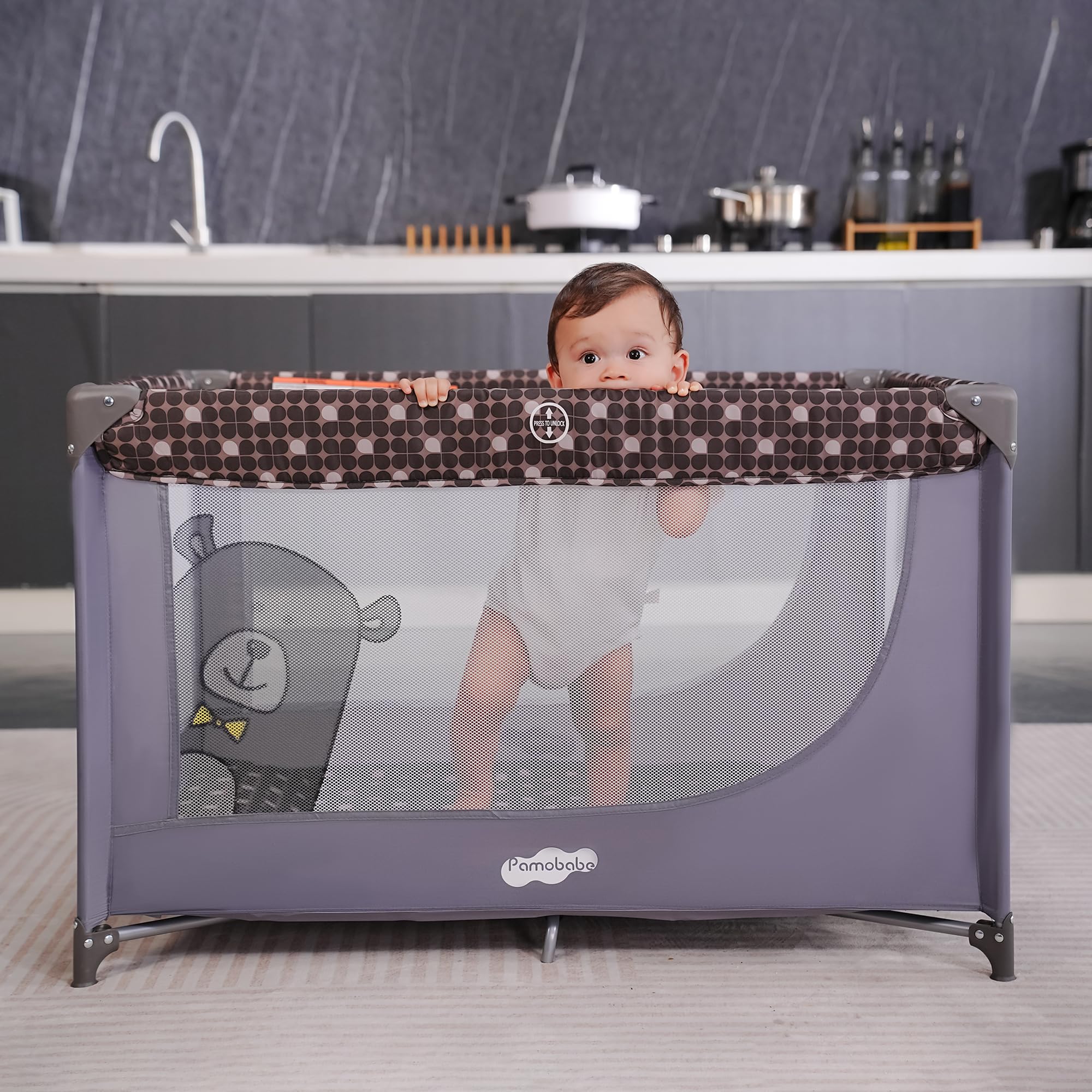 Pamo Babe Portable Crib Baby Playpen with Mattress and Carry Bag Grey