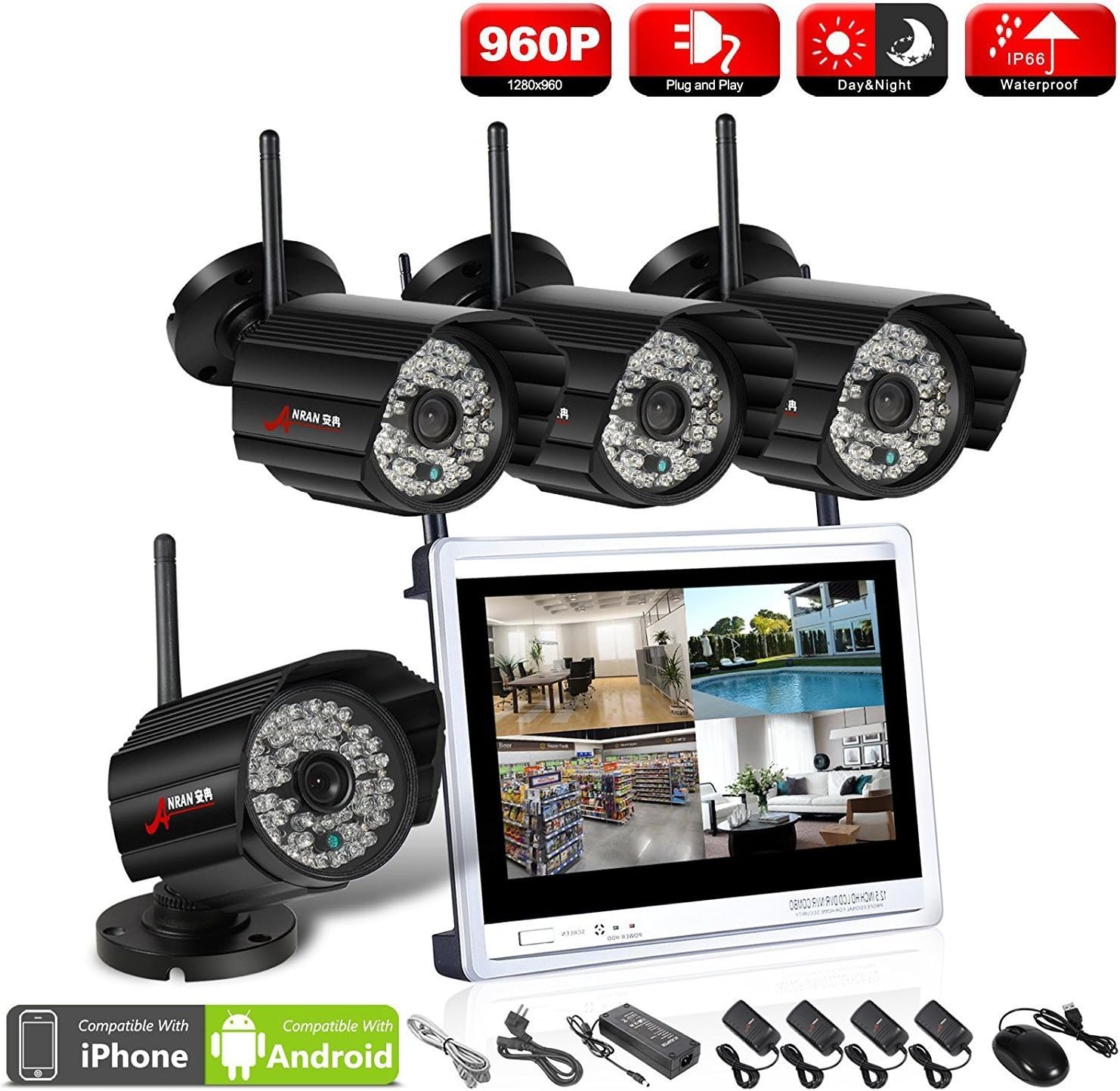 ANRAN 4CH 960P HD WIFI NVR 12Inch LCD Monitor Outdoor Wireless Security