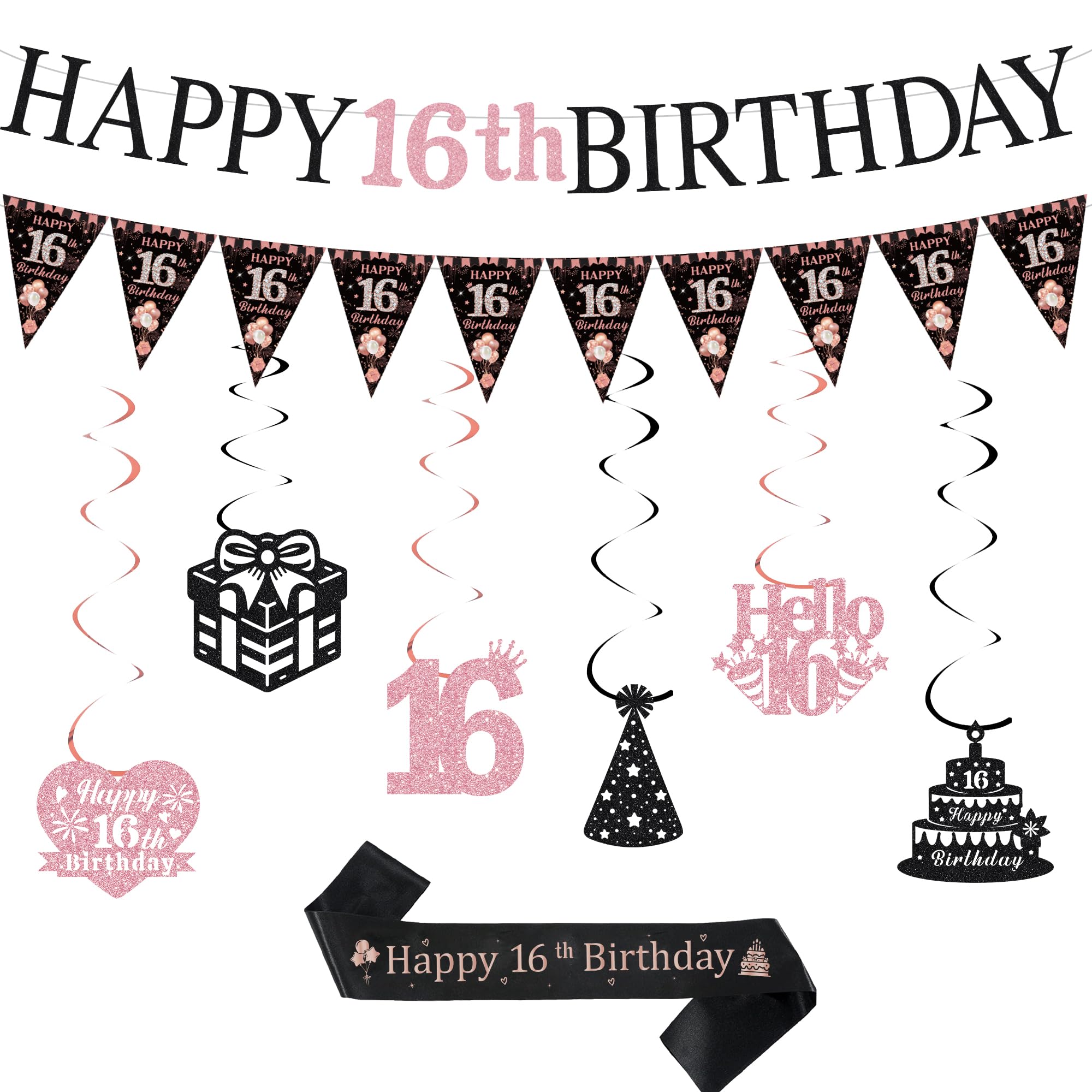 Sroeeshee 16th Birthday Party Decorations - Black Rose Gold Happy 16th Birthday Banner Pennats Hanging Bunting Sash Kit, Ideal 16 Years Old Bday Girls Supplies with Ribbon — image 1