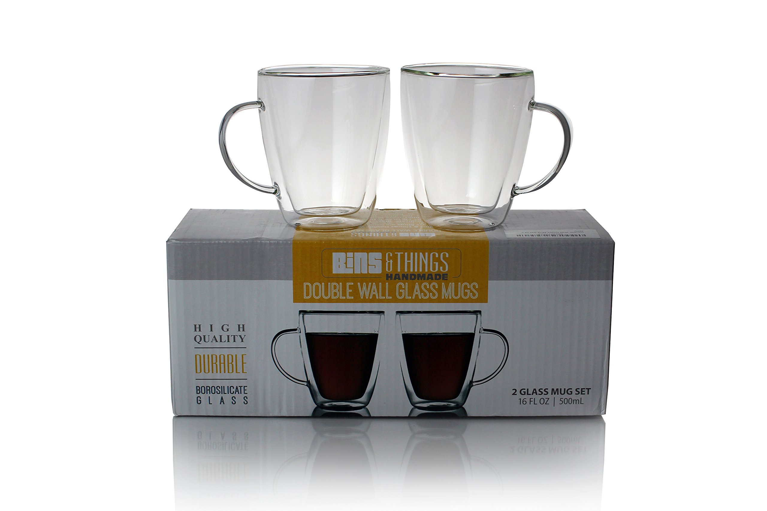 Large Double Walled Glass Coffee Mugs 16 oz, Set of 2, Dishwasher & Microwave Safe Insulated Glass Cups for Coffee, Tea or Cold Drinks by Summit One