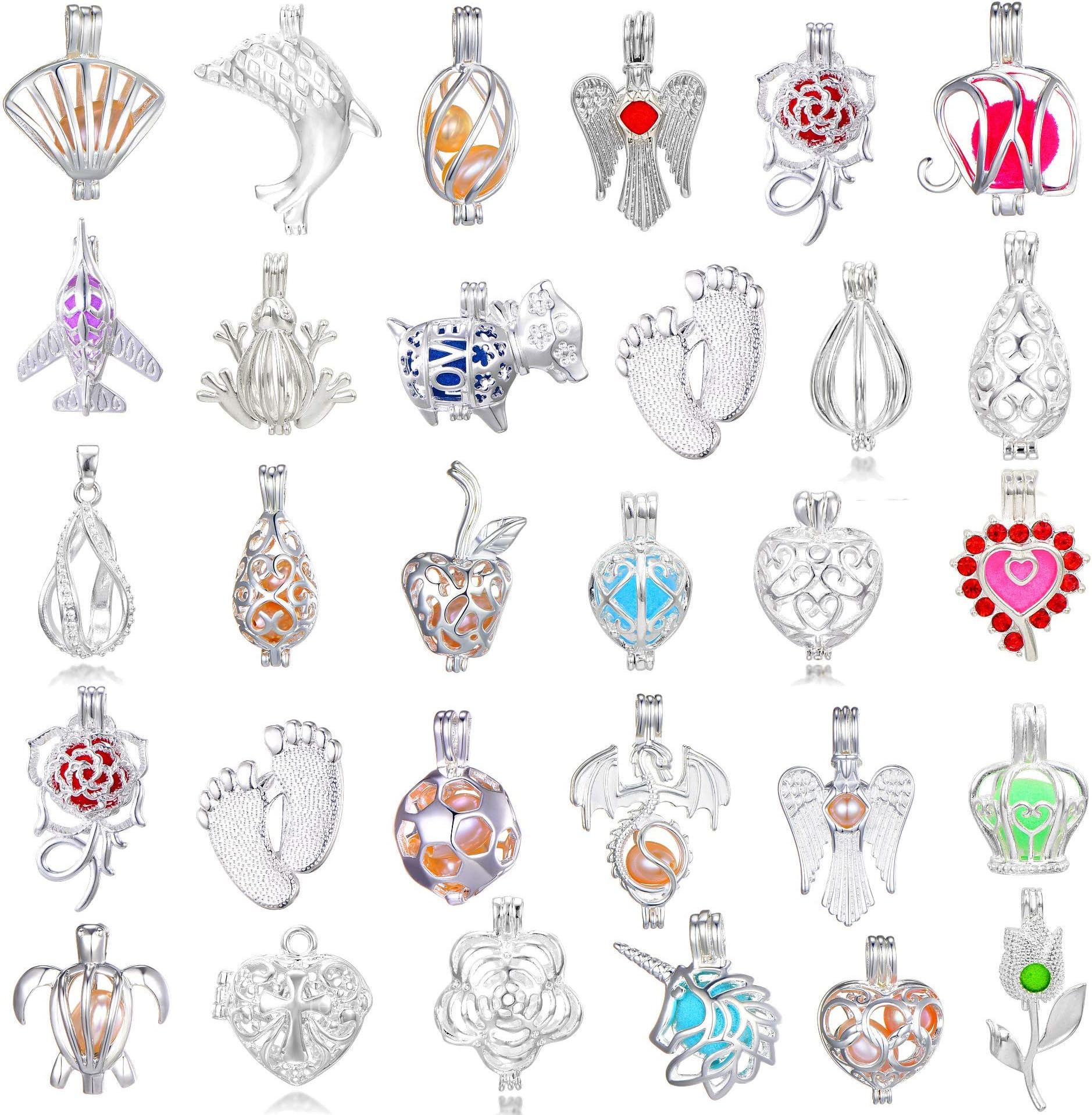 15Pcs Silver Mixed Pearl Cage Locket Pendants Set, Essential Oil Diffuser DIY Necklace Jewelry Making Craft, Bulk Beads Aromatherapy Diffuser Charms