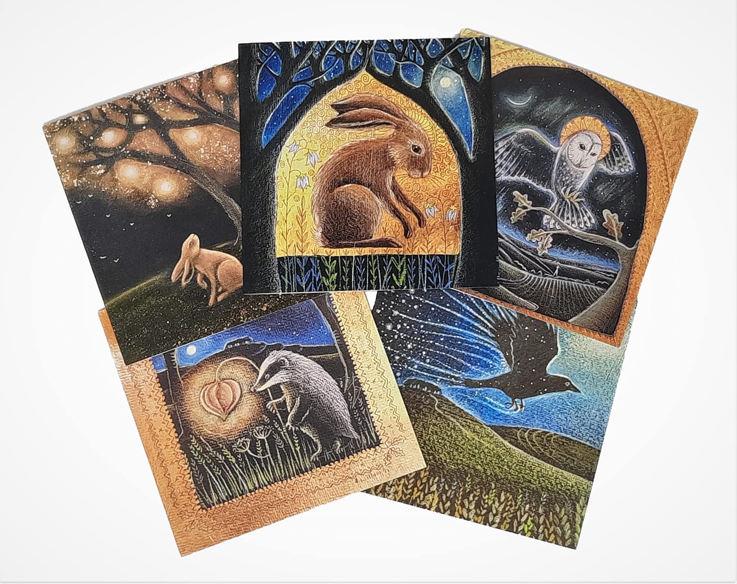 Magic Upon The Earth Greetings Card Pack, Pack of 5 Cards by Hannah Willow, Including Owl, Crow, Badger and Hare in The Countryside