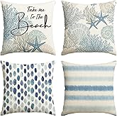AVOIN colorlife Take Me to The Beach Summer Throw Pillow Covers, 20 x 20 Inch Blue Ocean Starfish Summer Cushion Case for Sofa Couch Set of 4