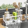 Cisily Sink Caddy Sponge Holder for Kitchen Sink, 304 Stainless Steel Rustproof, Kitchen Sink Caddy with High Brush Holder, Kitchen Sink Organzier Dish Sponge Organizer with Divider(White)