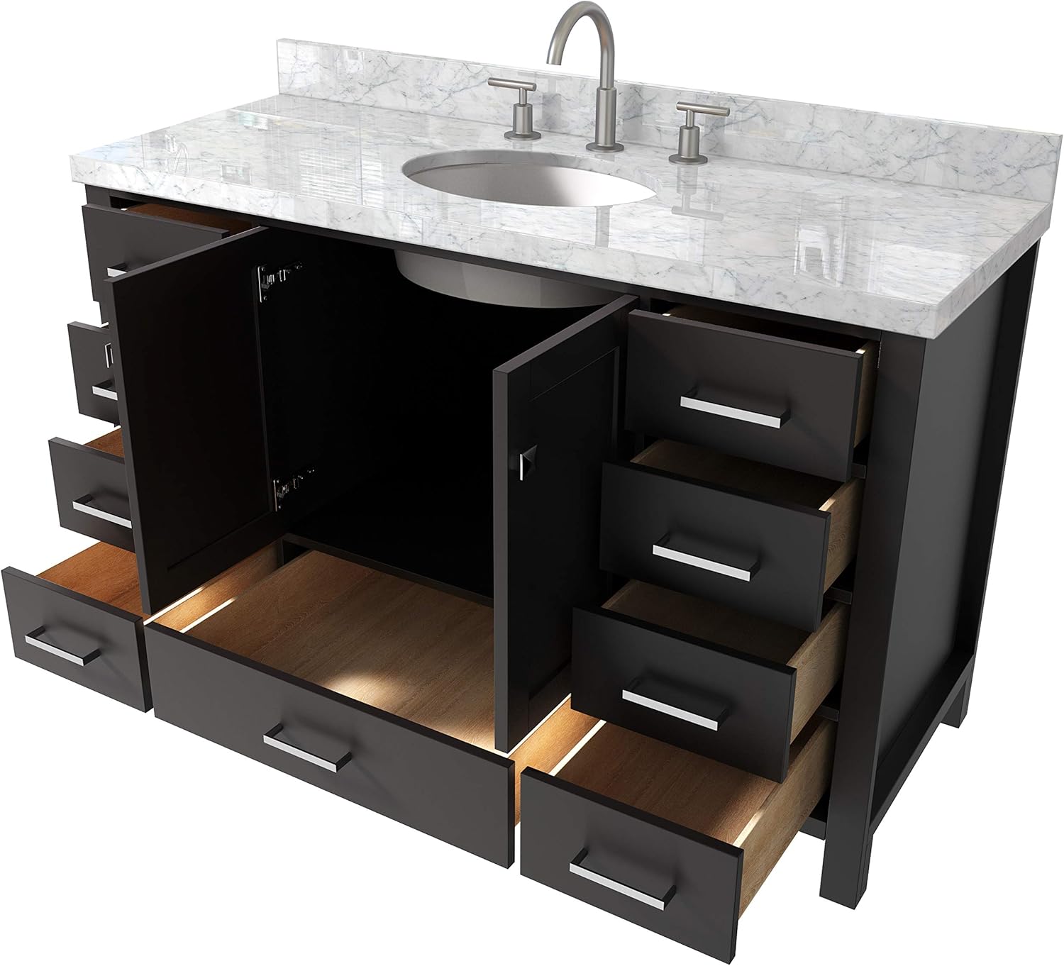 Ariel 55 Inch Oval Sink Midnight Blue Bathroom Vanity Cabinet With Carrara White Marble Countertop 2 Soft Closing Doors And 9 Full Extension Dovetail Drawers No Mirror Kitchen Bath Fixtures Tools
