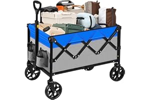 EUSUNCALY Collapsible Folding Wagon,Large Utility Wagon Cart Foldable,Folding Wagon Cart with All Terrain Wheels,Heavy Duty Garden Cart,Portable Wagon for Shopping Grocery Camping Sports Fishing (Gray/Blue)