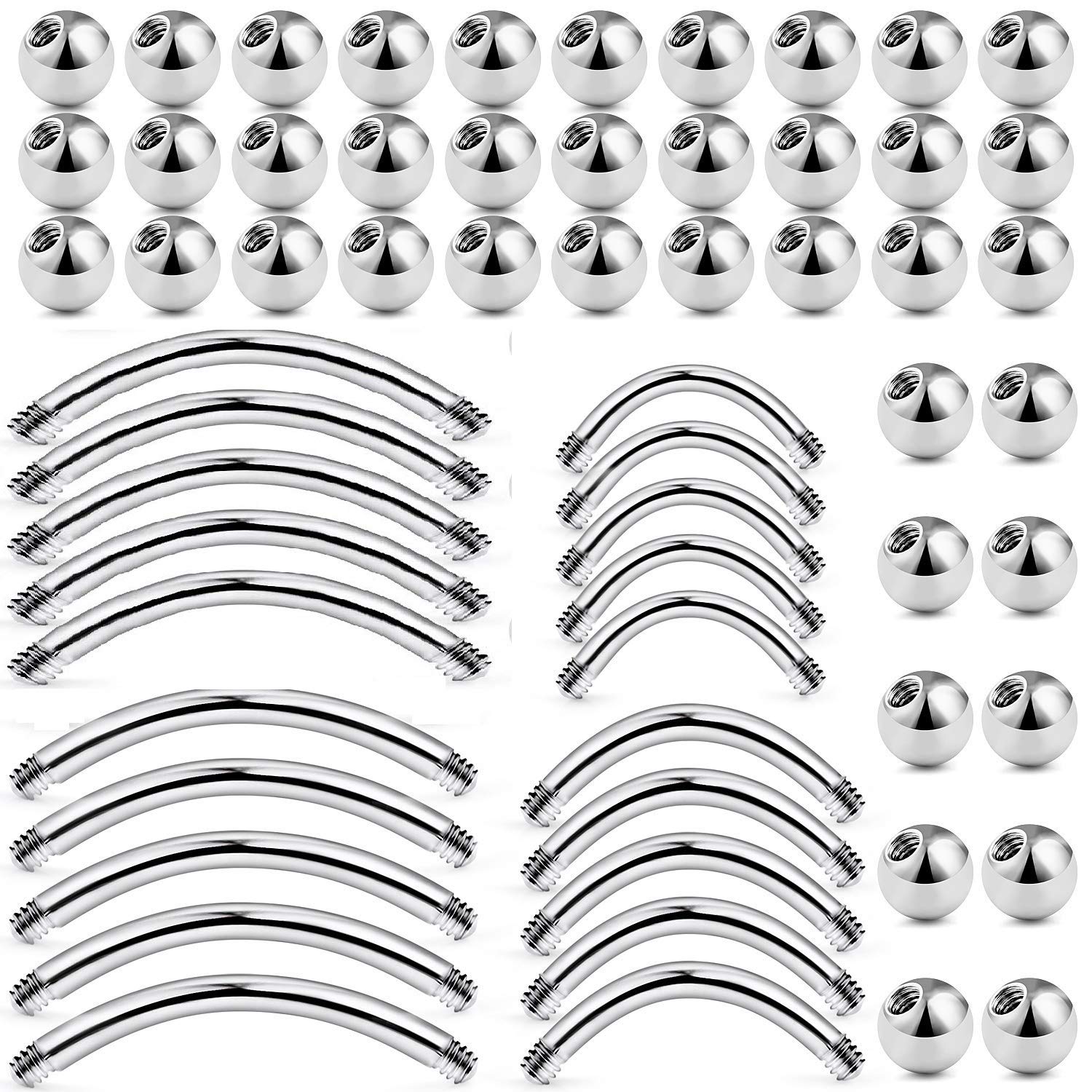 LAURITAMI 16G Silver Curved Barbell Rook Bars Piercing Replacement Balls Piercings Jewellery Parts for Women Men 6/8/10mm