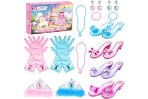 DISHIO Girls Princess Dress Up Shoes and Jewelry Boutique Upgraded Princess Shoes and Accessories with 4 Pair of Princess Play Shoes and Jewelry Set for Toddlers Little Girls Aged 3 4 5 6
