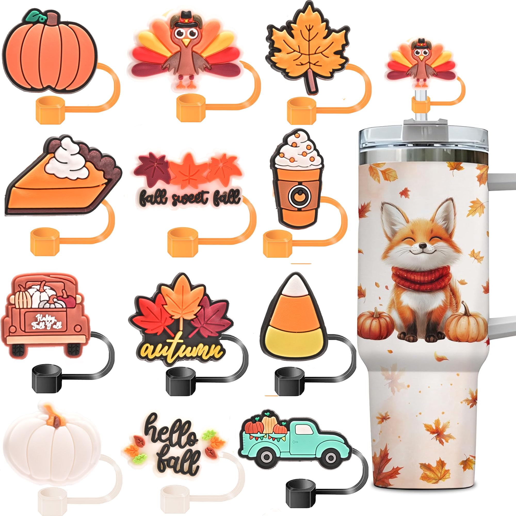 Photo 1 of 12PCS Thanksgiving Straw Toppers for Stanley Cups,10mm 0.4in Silicone Reusable Halloween Fall Straw Covers Cap Compatible with 30&40oz Tumbler with Handle,Funny Tumbler Accessories for Halloween Gifts