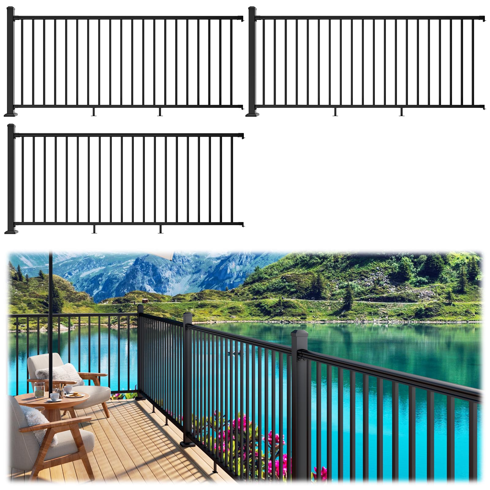 Photo 1 of Egadis 42 in. H x 24 ft. W Porch and Deck Railing Kit, Aluminum Railing Kit, Black Textured AAMA 2604 Powder-Coat Finish Rail System for Outdoor Decks, Porches & Balconies (3 Post, 3 Panel)