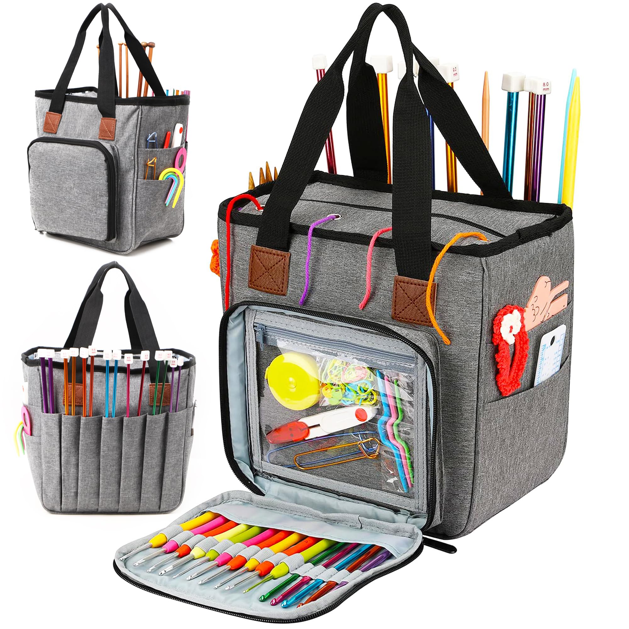 JOZEA Large Knitting Tote Bag, Sewing Storage, Normal Capacity Knitting Projects Organizer for Yarns, Crochet Hooks, Knitting Needles(Grey)