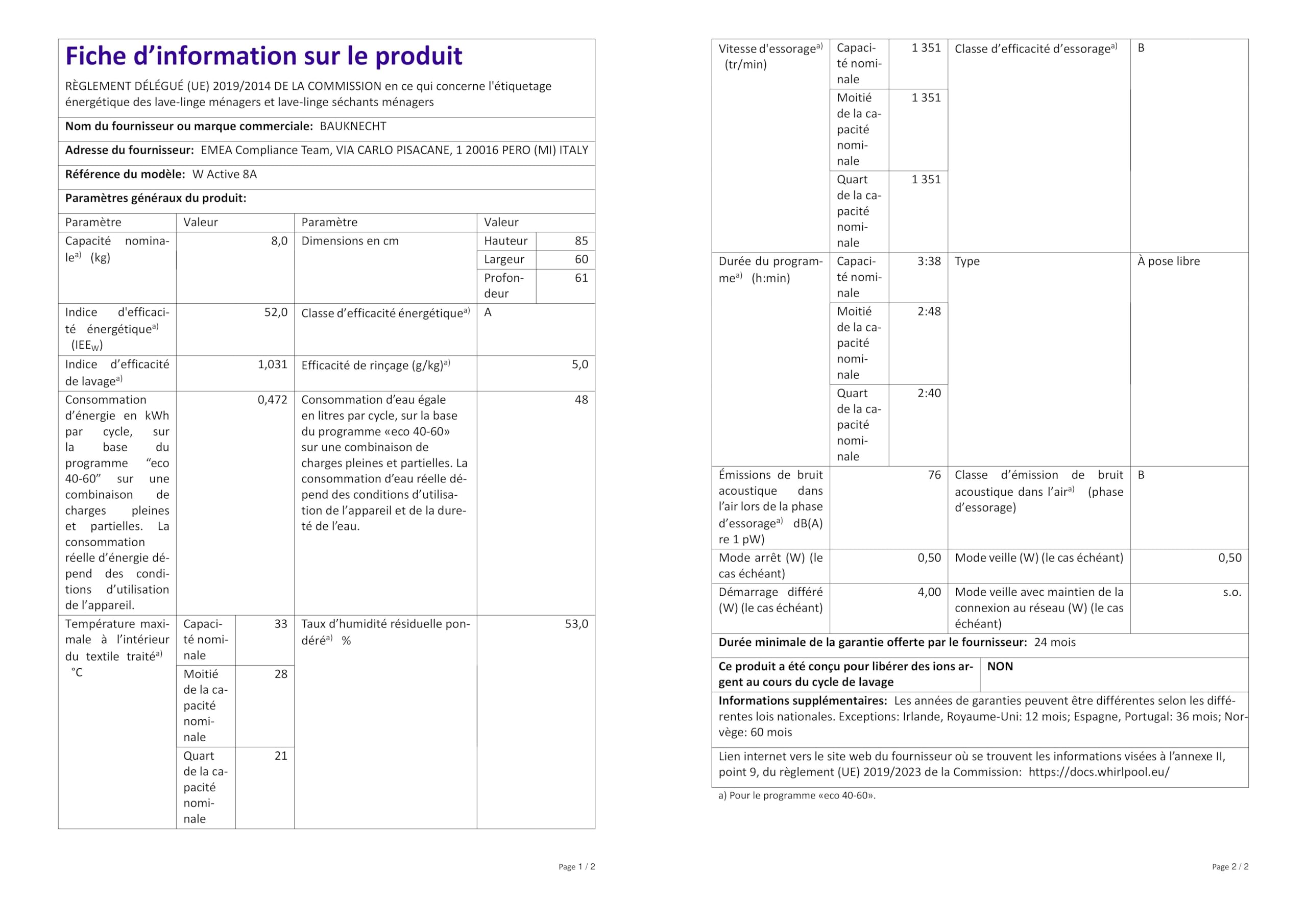 Bauknecht W Active 8A Waschmaschine Frontlader/ 8kg/ kraftvolle Fleckentfernung/ Dampf Programme/ Steam Hygiene Option/ Energieeffizienzklasse A/ Stopp&Add Funktion/ ProSilent-Motor [Energieklasse A]
