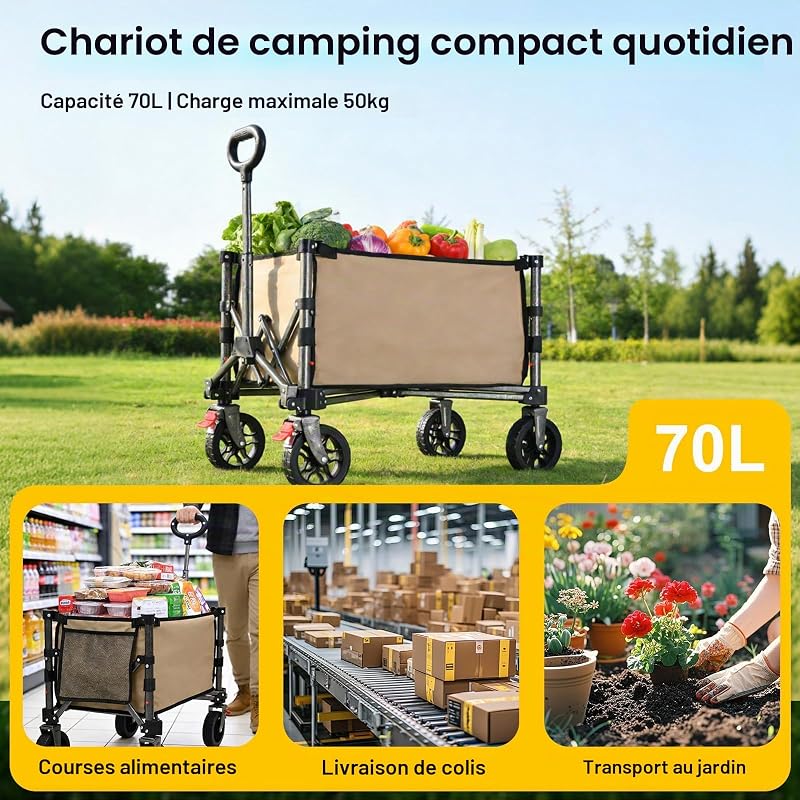 Chariot Pliable 70L 80kg Compact, Fermeture Éclair Latérale