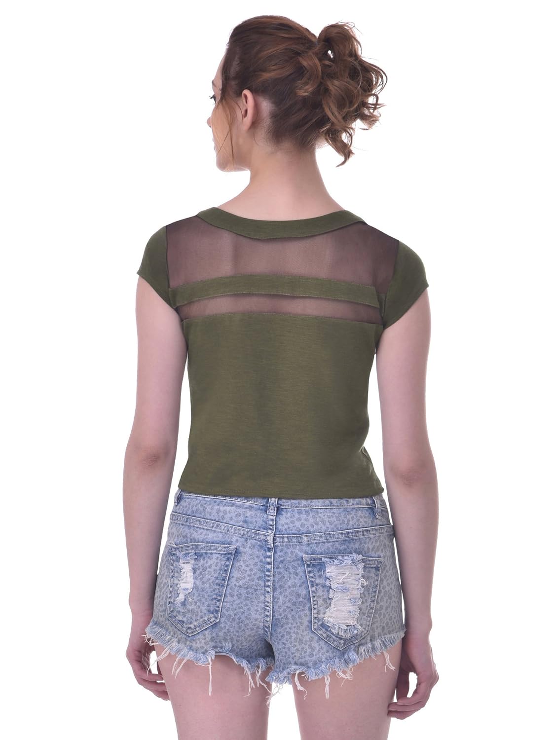 martini women mesh yoke panel summer waist length crop top (green, large)