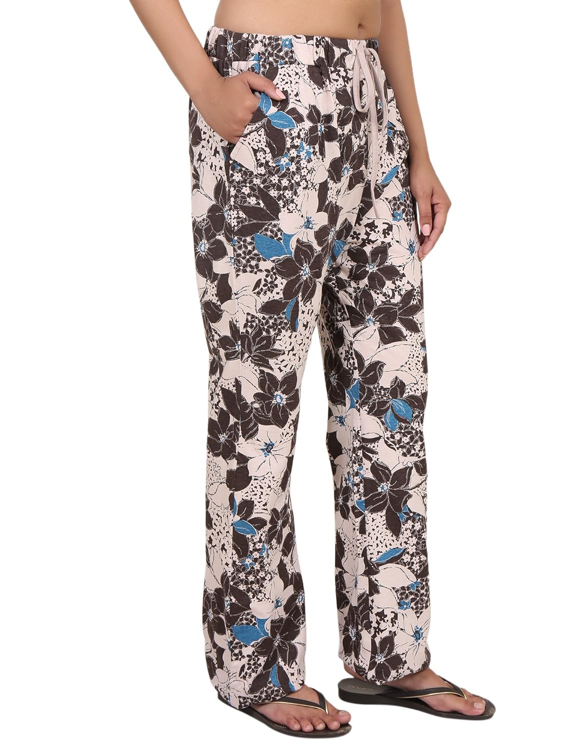 9teenagain women's cotton hosiery nightwear pajama(beige & brown printed)