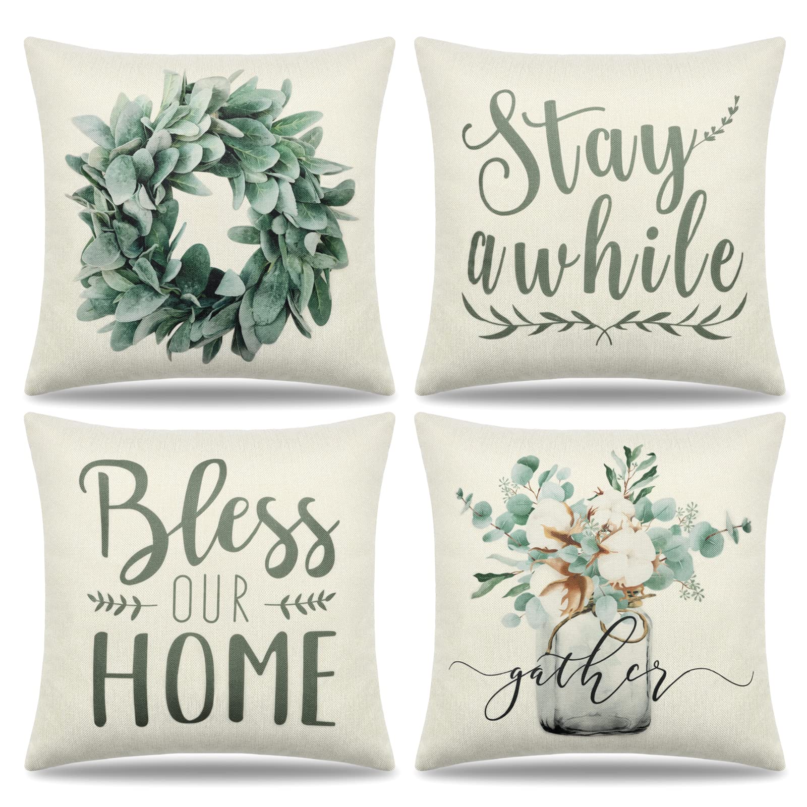 Dremisland Spring Cushion Covers 40 X 40 Eucalyptus Wreath Vase Decorative Pillowcases Set of 4 Linen Farmhouse Square Throw Pillow Covers Green Cushions for Outdoor Garden Blench Living Room Sofa — image 1