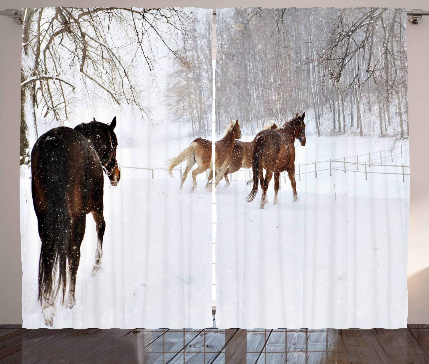 ABAKUHAUS Winter Curtains, Horses in the Snow Playing Having Fun in the Forest Seasonal Animal Photography, Living Room Bedroom Window Drapes 2 Panel Set, 69 L X 110 W, Brown White