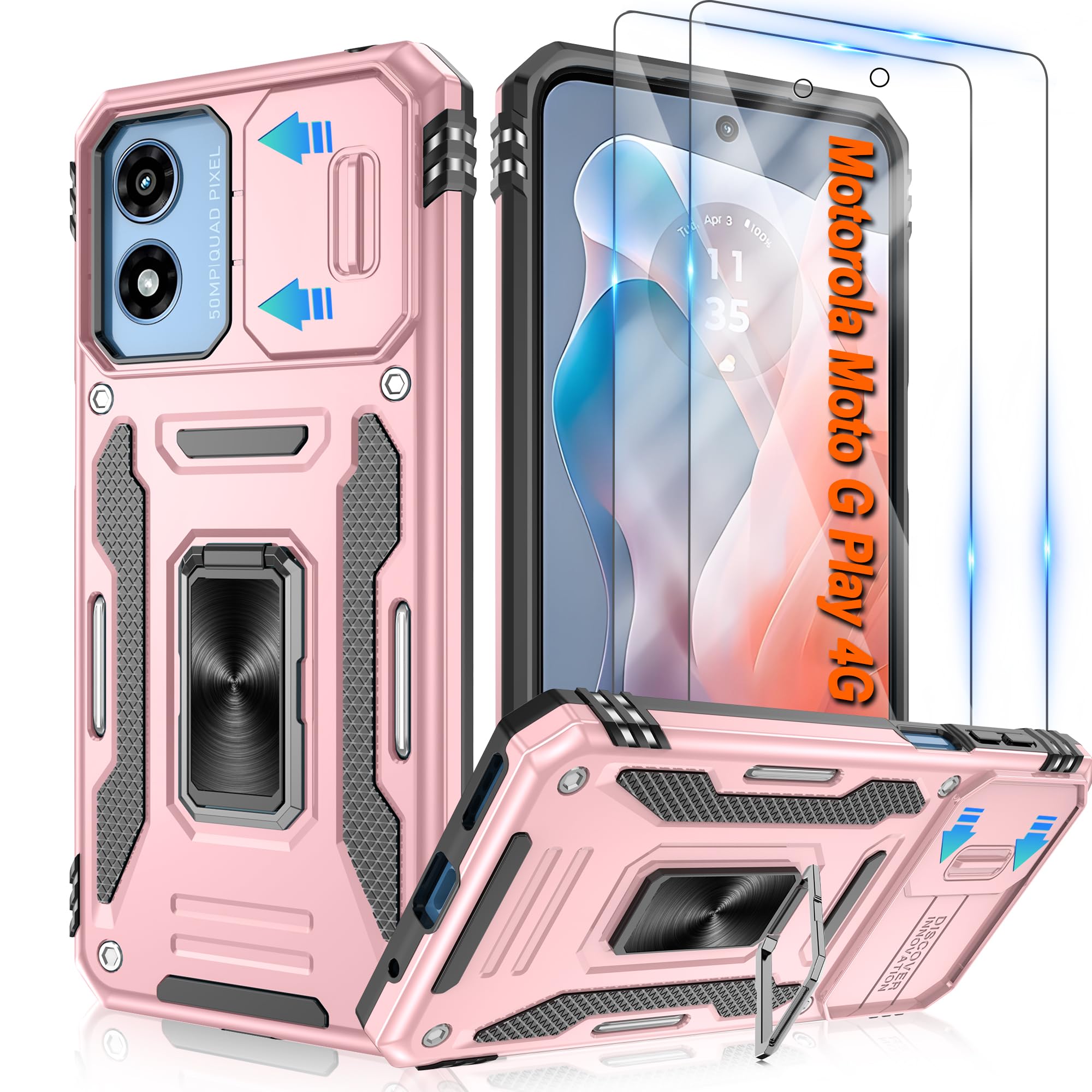 Atump for Motorola Moto G Play 2024 Case(4G) with [2 Pack] HD Screen Protector & Slide Camera Cover, 360° Rotation Ring Kickstand [Military Grade] Shockproof Case for Moto G Play 2024, Rose Gold