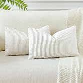 OTOSTAR Boho Decorative Throw Pillow Covers 16 x 24 Inch Soft Corduroy Solid Striped Pillow Covers Lumbar Cushion Case Couch Pillowcases for Sofa Bed Home Decor Pack of 2 (Beige White)