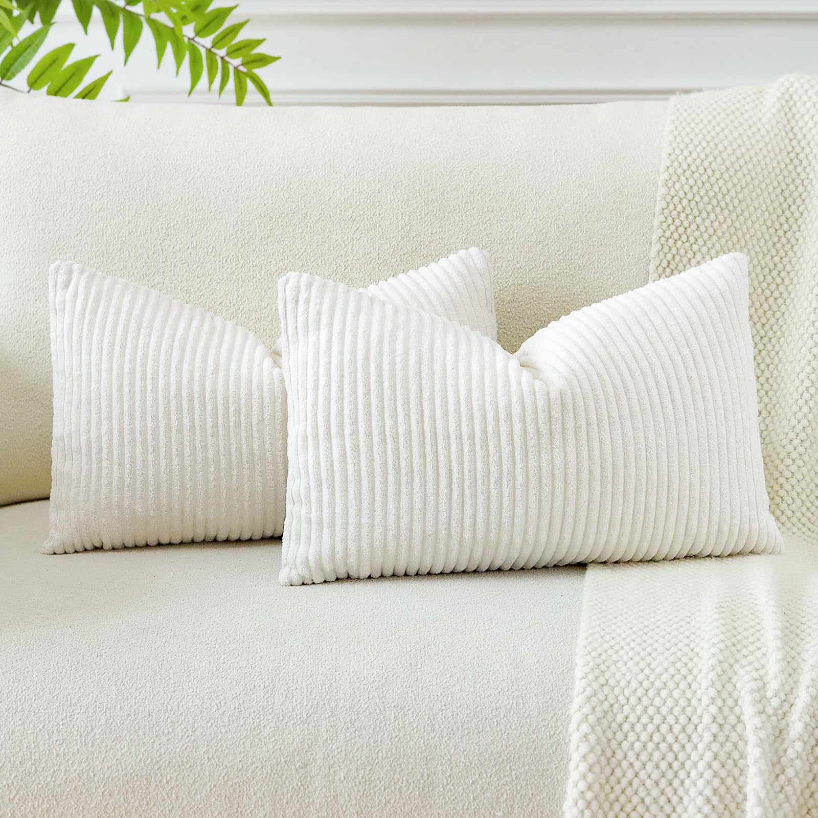 JOTOM Set of 2 Soft Corduroy Striped Cushion Covers 30x50 cm Boho Decorative Throw Pillow Covers Lumbar Cushion Case Couch Home Decor Pillowcases for Sofa Bedroom 12x20 Inch (Beige White) — image 1