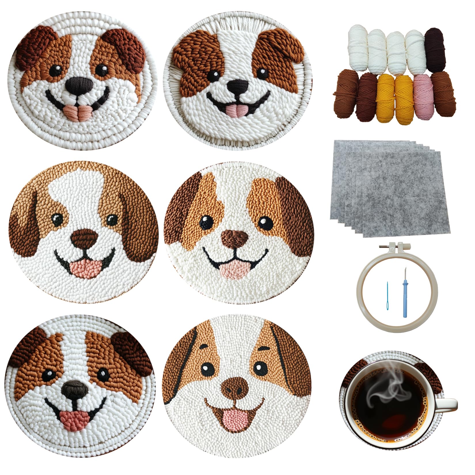 Photo 1 of Xinpinzhou 6pcs Dog Punch Needle Coaster Kit for Kids Beginners Adults, Complete Punch Needle Stitching Embroidery Art Coasters Kit for Kids Adult Beginner Animal Punch Needling Coaster