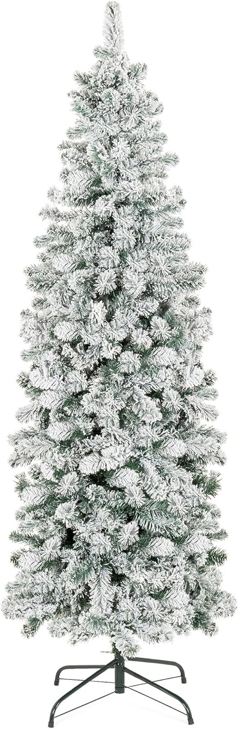 Trees - Best Choice Products 7.5ft Snow Flocked Artificial Pencil Christmas Tree Holiday Decoration w/Metal Stand