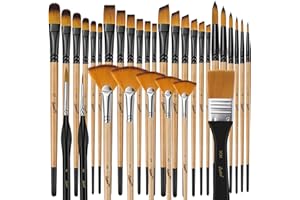 Bougimal 32 Pcs Paint Brush Set, Artist Paint Brushes for Acrylic Painting, Oil, Watercolor, Gouache, with Flat Round Filbert Fan Angle Detail Brush, Suitable for Artists and Beginners