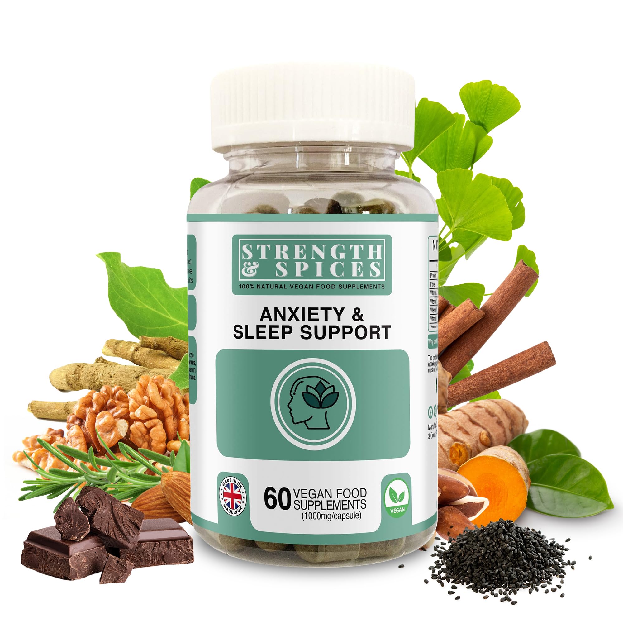 Strength & Spices Anxiety & Sleep Support, Anxiety Relief Supplement, Ashwagandha Capsules with 20 Powerful Ingredients, Plant-Based Formulation for Mood and Immune Boost, 1000mg, 60 Capsules