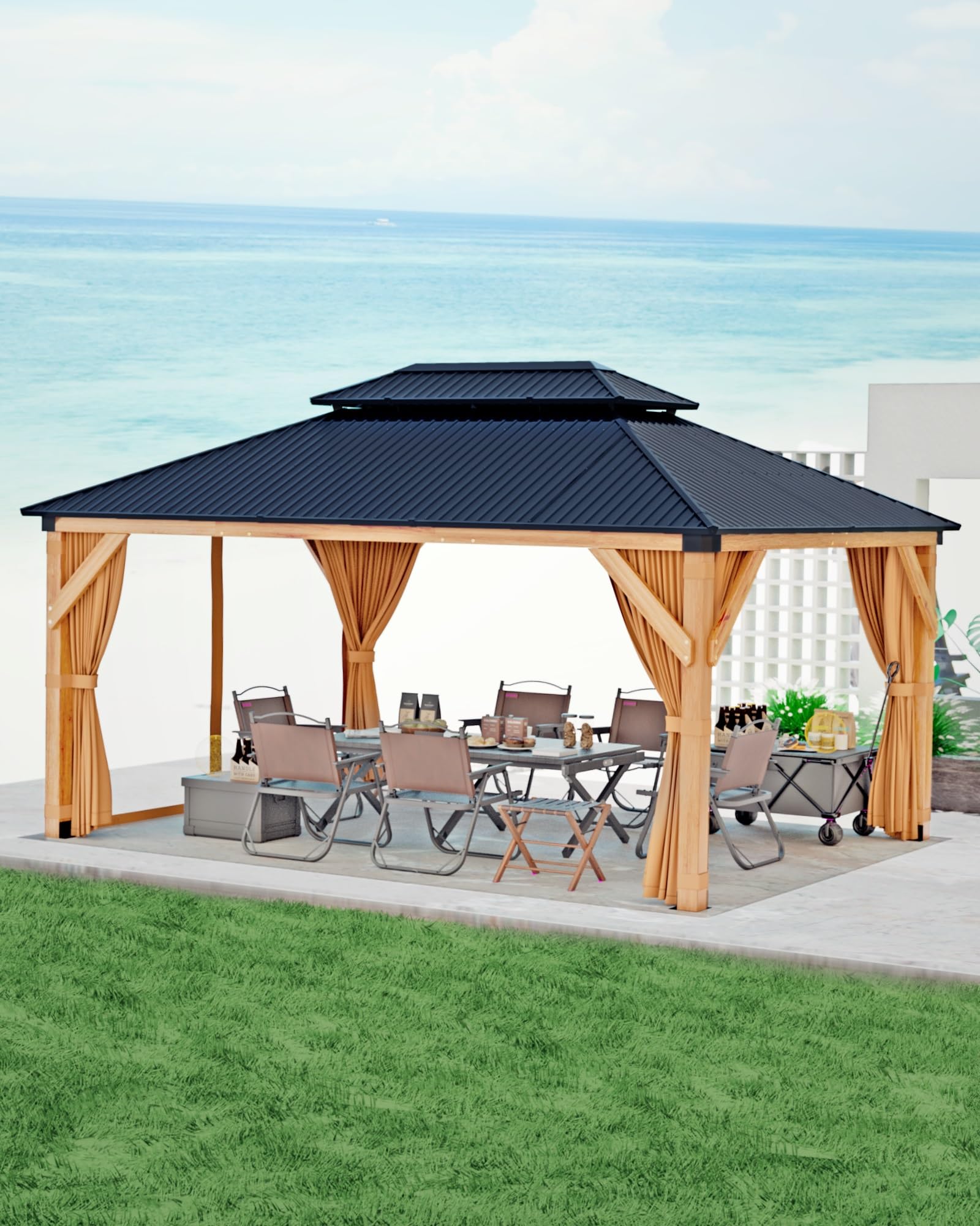 Photo 1 of **BOX OF WOOD ONLY/ NOT COMPLETE**GAOMON Hardtop Spruce Wood Gazebo 12'x16', with Double Roof of Metal Sheets, 4.7'' Heavy Duty Poles, Net, and Curtain, Permanent Building for Patio, Deck, Backyard, Lawn, and Garden, Khaki