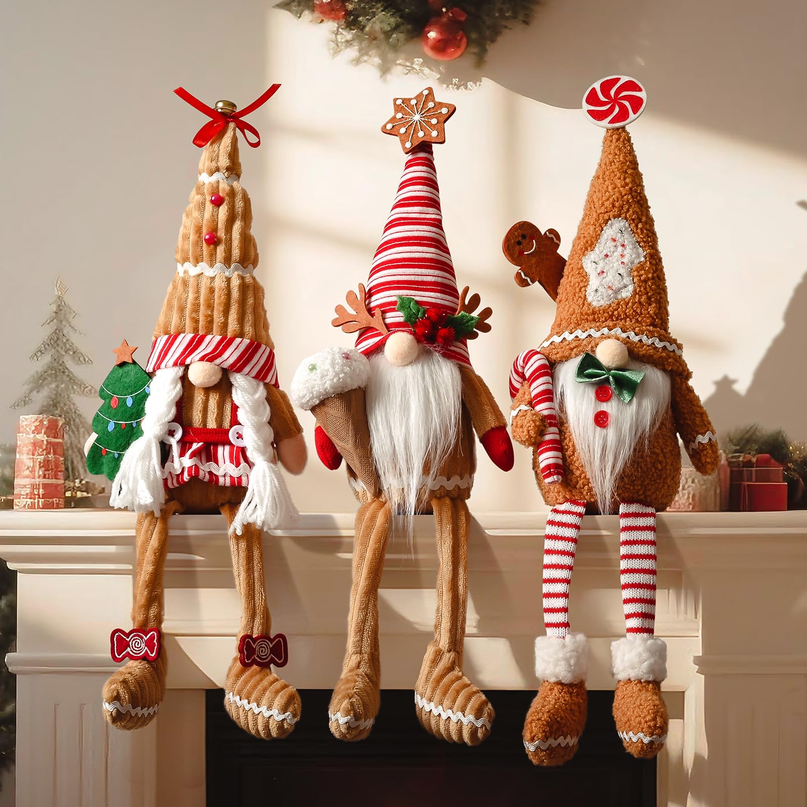 View 1 of Christmas Gingerbread Man Gnomes Plush Decorations, 3pcs Handmade Long Leg Elf Dolls Christmas Ornament, Xmas Swedish Tomte Santa for Indoor Home Decor, Winter Holiday Table Tiered Tray Figurine Gift