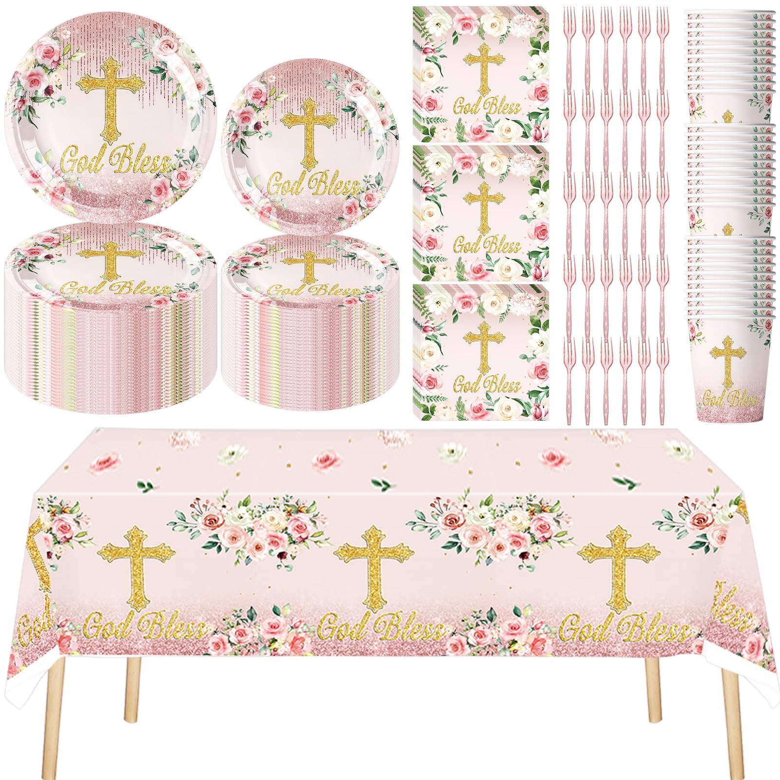 Photo 1 of 151 PCS First Communion Party Decoration, Pink God Bless Party Tableware Set Includes 60 PCS Plates, 30 PCS Napkins, 30 PCS Cups, 30 PCS Forks and 1 Tablecloth, Serves 30 Guests
