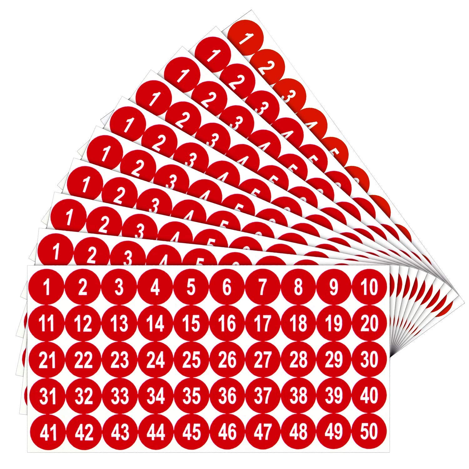10 Sheets 1 to 50 Number Stickers Vinyl Consecutive Number Stickers 1 Inch Self-Adhesive Decal for Indoor and Outdoor Waterproof Labels Number Inventory Stickers for Inventory Classification (Red)