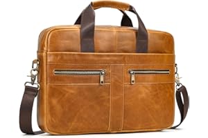 SAIION Genuine Leather Briefcase for Men, Laptop Computer Shoulder Bag With Strap, 15.6 Inch Business Travel Work Handbag