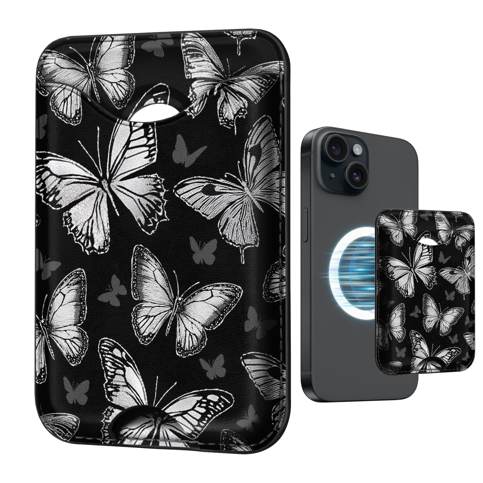 Photo 1 of TOXXU Cute Butterfly Magnetic Wallet for Magsafe Compatible with iPhone 17/16/15/14/13/12 Series Pro Max Plus (Black Magnet Card Holder for Women) (Fit 3 Cards Lether Phone Mag Safe Wallets)