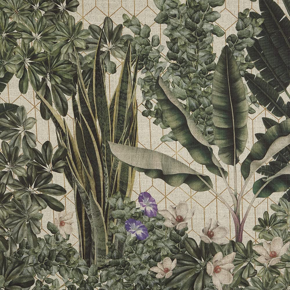 Kt KILOtela - Digital Decoration Fabric, Viscose, Linen, Upholstery, Cushions, Curtains, Bags, 100 cm Length x 140 cm Width | Botanical Plants Cute - Green, Purple ─ 1 Metre