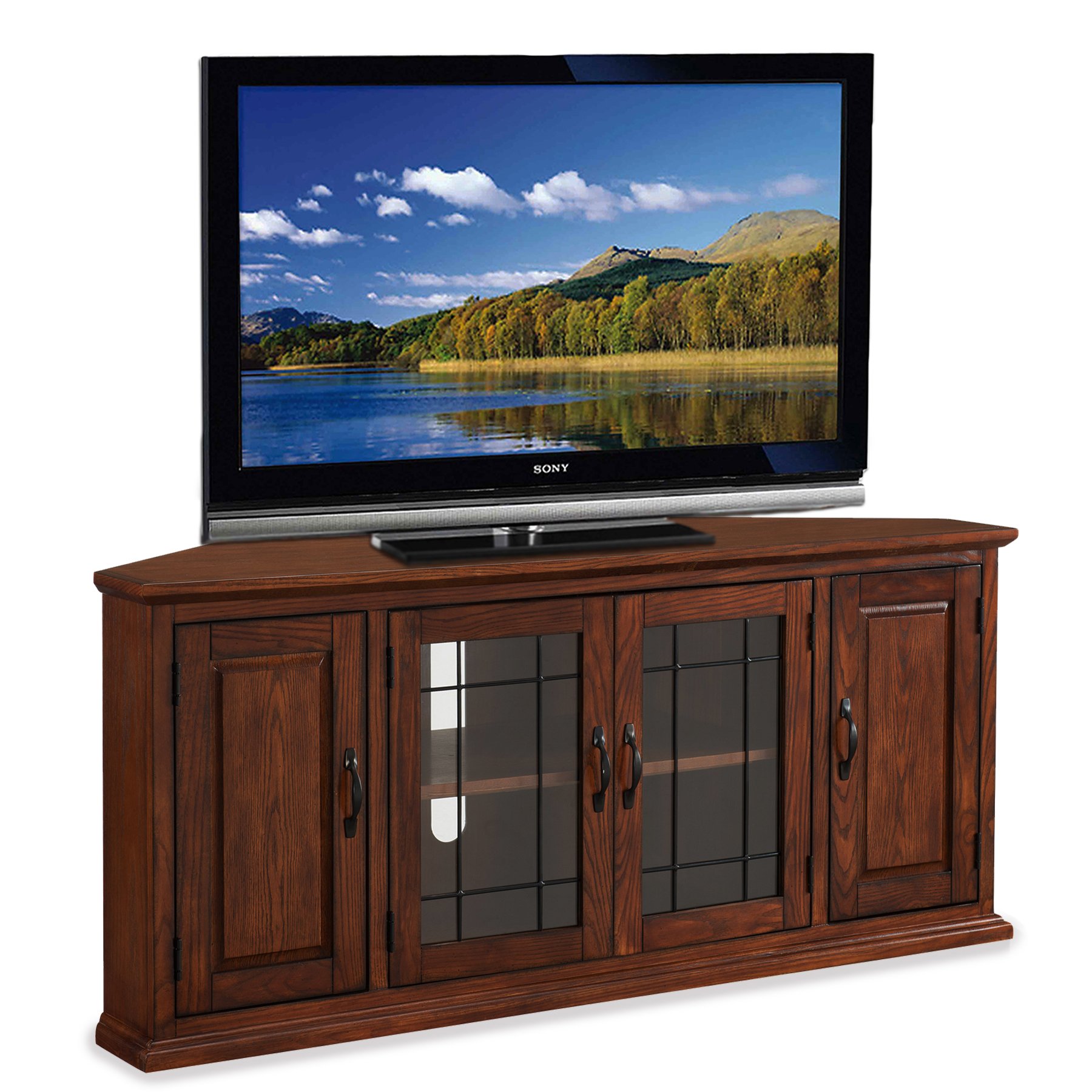 Leick Home Riley Corner TV Stand 60 in, Burnished Oak, Solid Wood, Beveled Tempered Glass, Blackened Hardware, Adjustable Shelf, Easy Assembly, 56 in L x 20 in W x 25 in H, Item 80386 Image