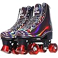 JajaHoho Roller Skates for Women, Black Holographic High Top PU Leather Rollerskates, Shiny Double-Row Four Wheels Quad Skates for Girls and Age 8-50 Indoor Outdoor (Golden Black)