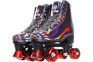 JajaHoho Roller Skates for Women, Black Holographic High Top PU Leather Rollerskates, Shiny Double-Row Four Wheels Quad Skates for Girls and Age 8-50 Indoor Outdoor (Golden Black)