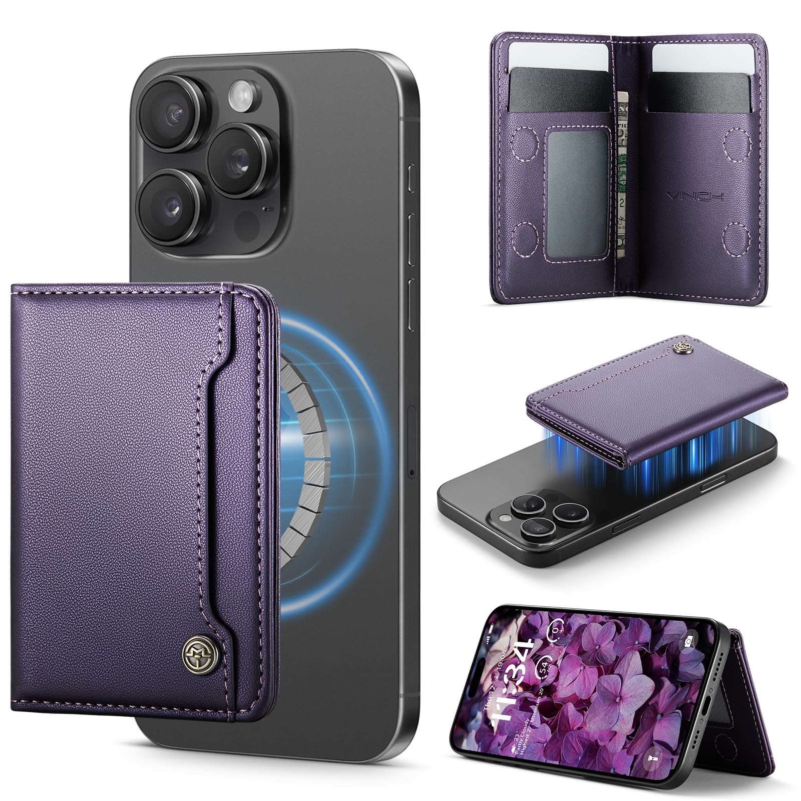 Photo 1 of Vinich for MagSafe Wallet Magnetic RFID Blocking Card Holder Compatible with MagSafe Phones and Cases, Strong Magnet Minimalist Phone Wallet for iPhone 17/16/15/14/13/12/ Pro/Max/Plus, Purple