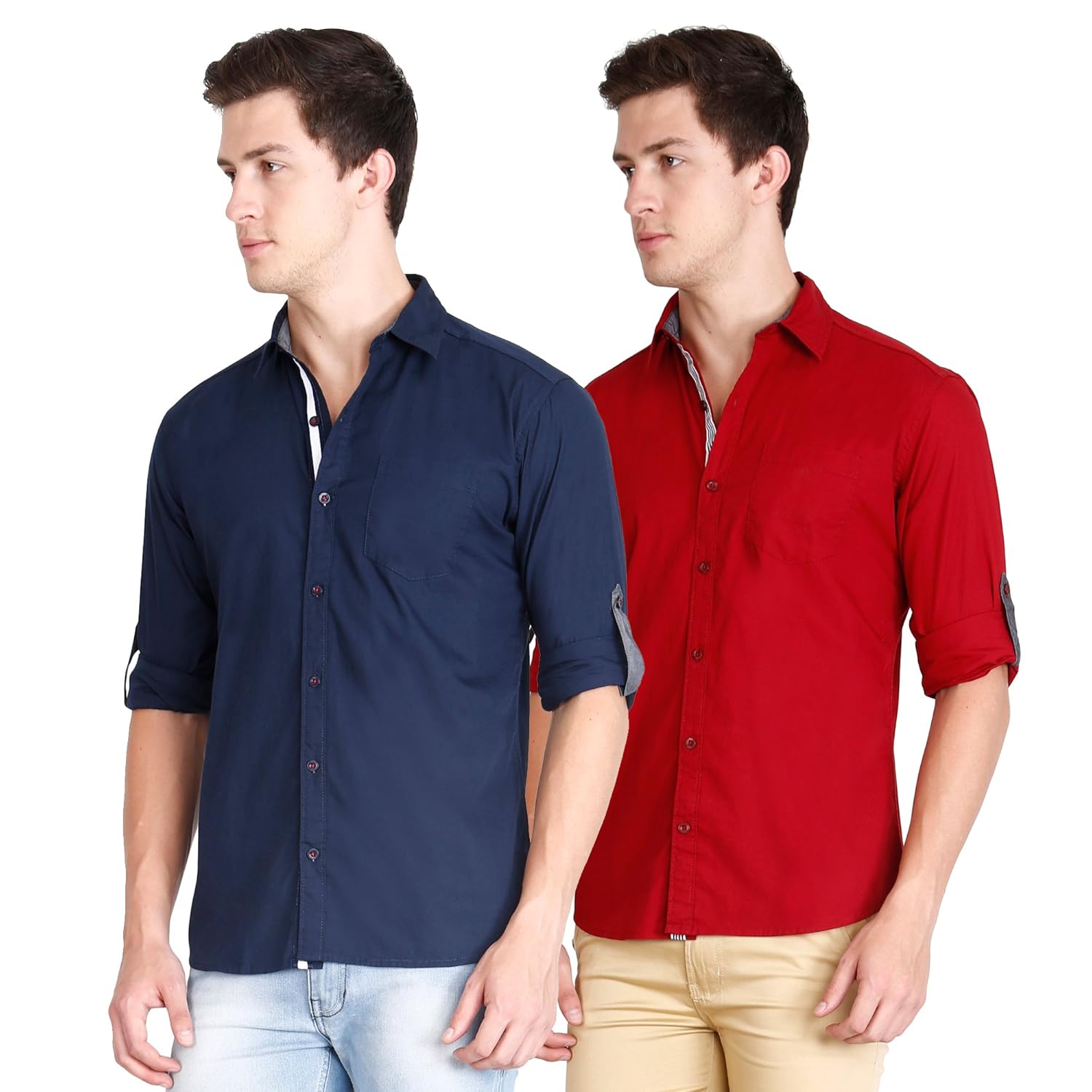 maroon shirt with dark blue jeans