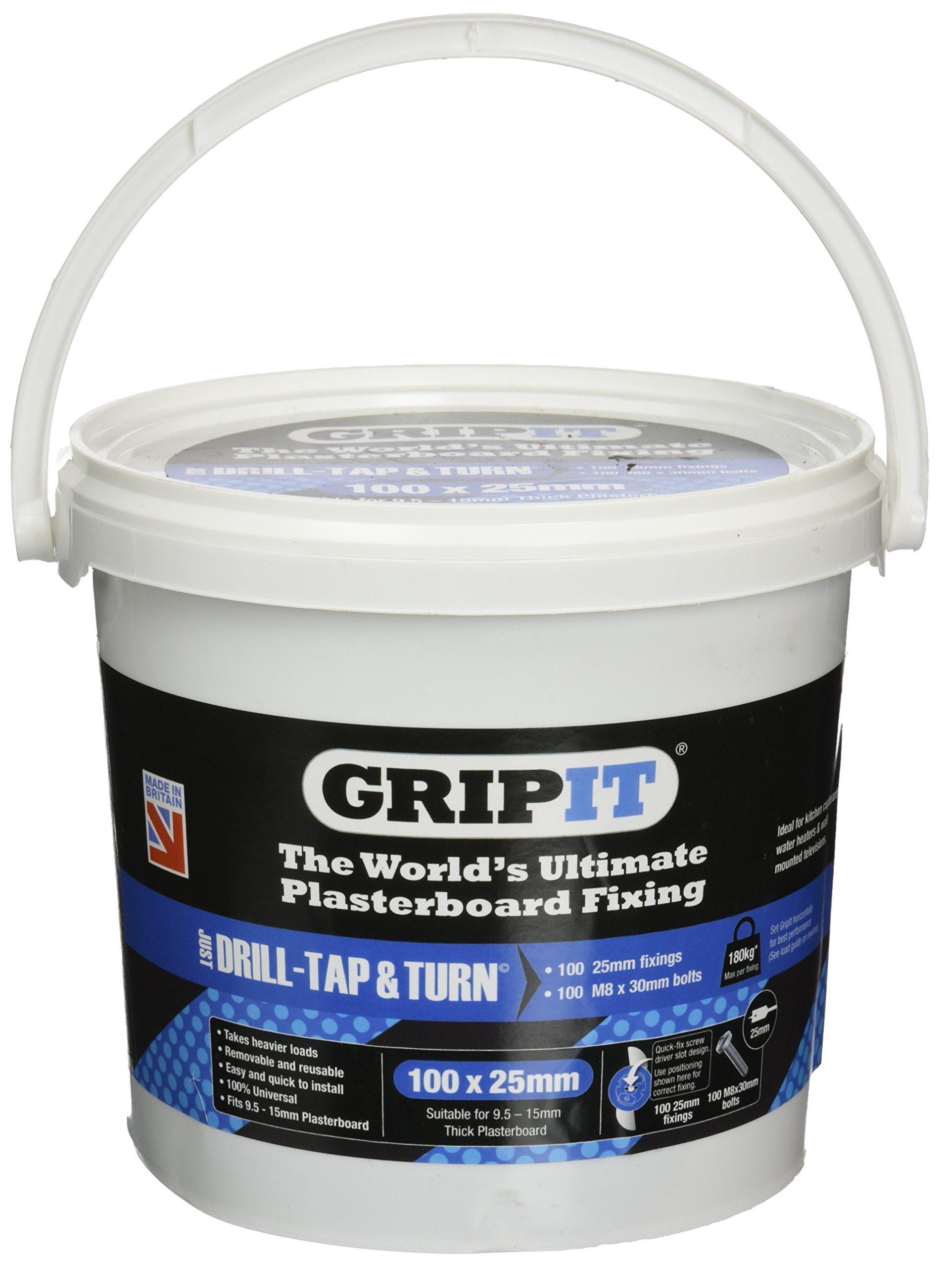 Gripit GP25100 Plasterboard Fixings For Stud Walls - Max Load 113Kg (100 Pack), Blue, 25mm (Packaging may vary)