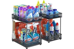 PHINOX Under Sink Organizers and Storage, Bathroom Cabinet Organizer and Storage, 2 Tier Under Cabinet Organizers and Storage with 4 Hooks, Metal Kitchen Sink Storage Organizer with Non-slip Feet-2 Pack