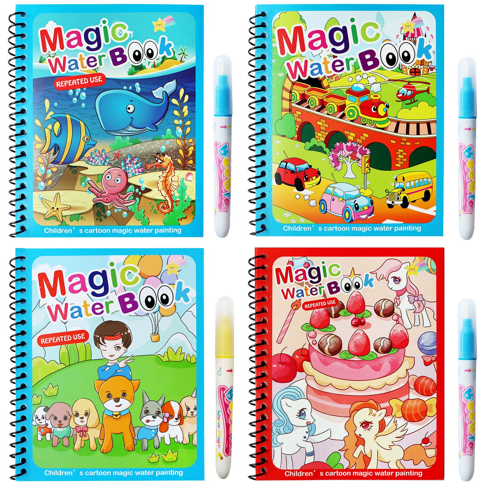 4pcs Magic Water Colouring Book, LONTOM Children Reusable Drawing Book with Pen, Early Education Doodle Painting Book for Boys Girls Kids Educational Learning Gifts