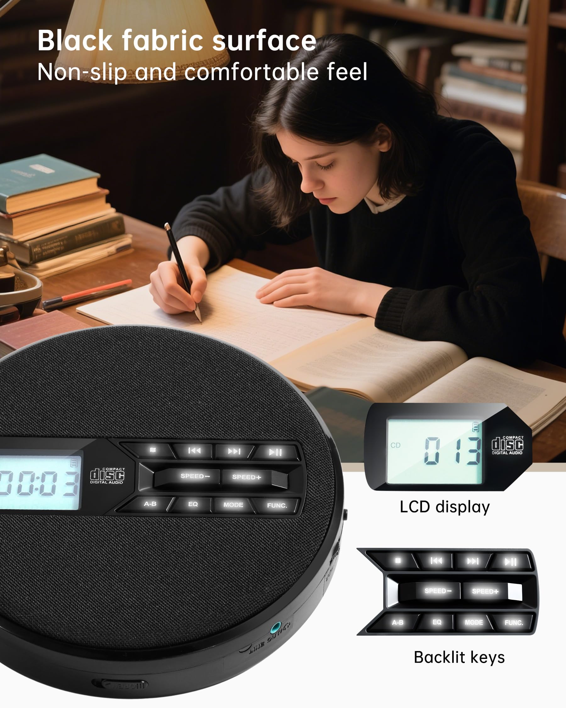 CD Player Portable with Speakers - Rechargeable Personal CD Player for Car and Home, Small Fabric Music Player with Backlit Display, Anti-Skip, AUX/USB Port - Ideal for Audiobooks & Gifts