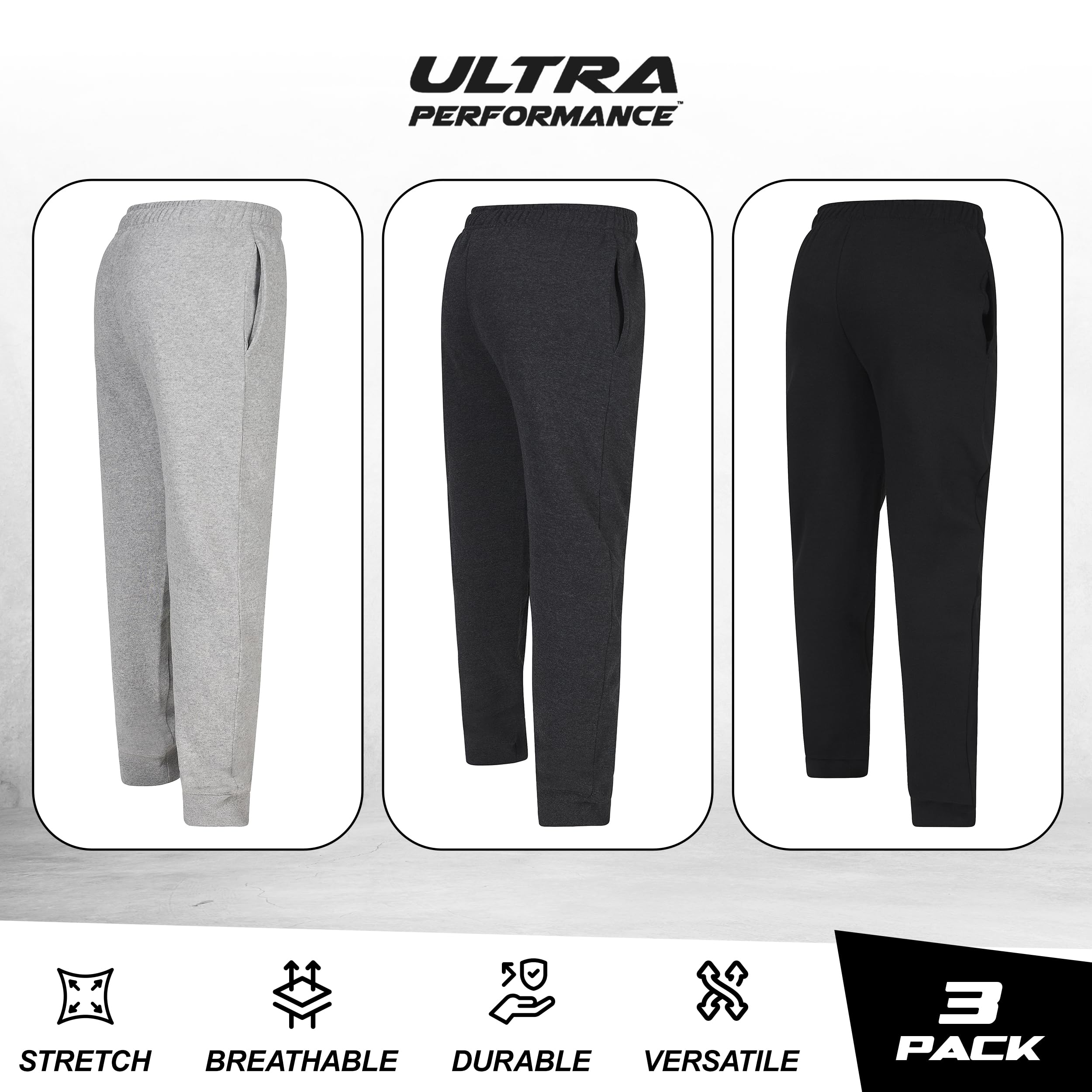 Ultra Performance 3 Pack Boys Sweatpants Kids Clothes Active Soft Fleece Joggers for Boys Size 4-20