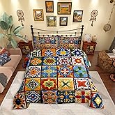 Erosebridal Mexican Talavera Tile Comforter Set Queen Size,Exotic Ethnic Boho Style Bedding Set for Kids Adults Room Decor,Colorful Bohemian Quilt Bed Set Geometric Flower Down Comforter 3Pcs