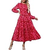 ZAFUL Womens Fall Floral Smocked Maxi Dress Long Puff Sleeve Bohemian Dresses Flowy Tiered Ruffle Wedding Guest Dress