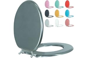 BLOFDE Round Toilet Seat Wood Toilet Seat Prevent Shifting with Zinc Alloy Hinges American Standard Size Toilet Seat Easy to Install also Easy to Clean(Round,Sparkling GentlemanGrey)