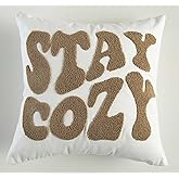 FAVDEC Embroidered Stay Cozy Decorative Pink Throw Pillow Cover, Stay Cozy 18 Inches x 18 Inches Cover Only